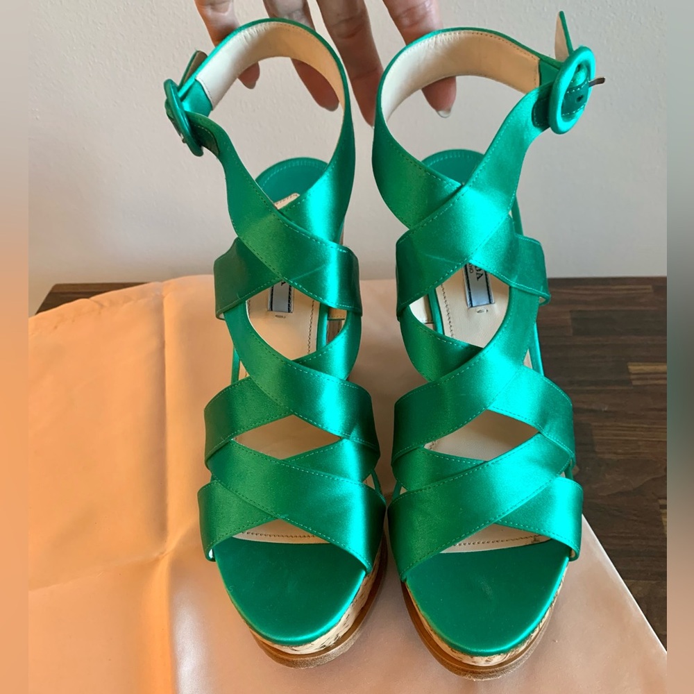 Prada Assenzio (absinthe/emerald green), 40/Size 9, criss cross cork wedge - Picture 2 of 15